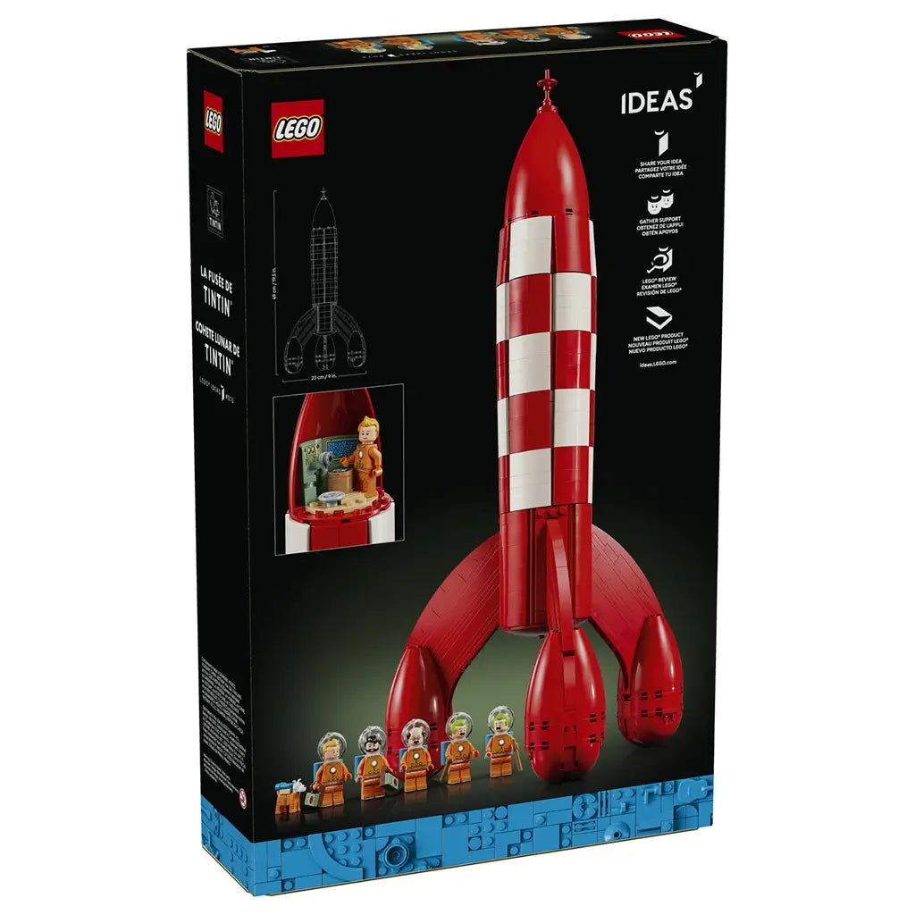 LEGO Ideas Tintin Moon Rocket packaging shows a black rectangular retail box featuring the red and white rocket model, astronaut minifigures and product artwork on display.