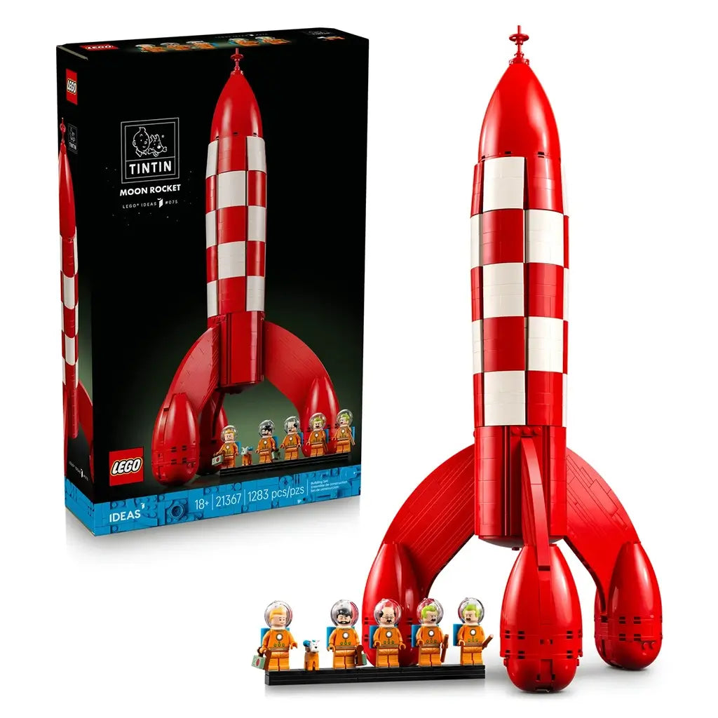 LEGO Ideas Tintin Moon Rocket building kit includes a red and white plastic rocket with rounded fins, astronaut minifigures and retail packaging, arranged on a white background.