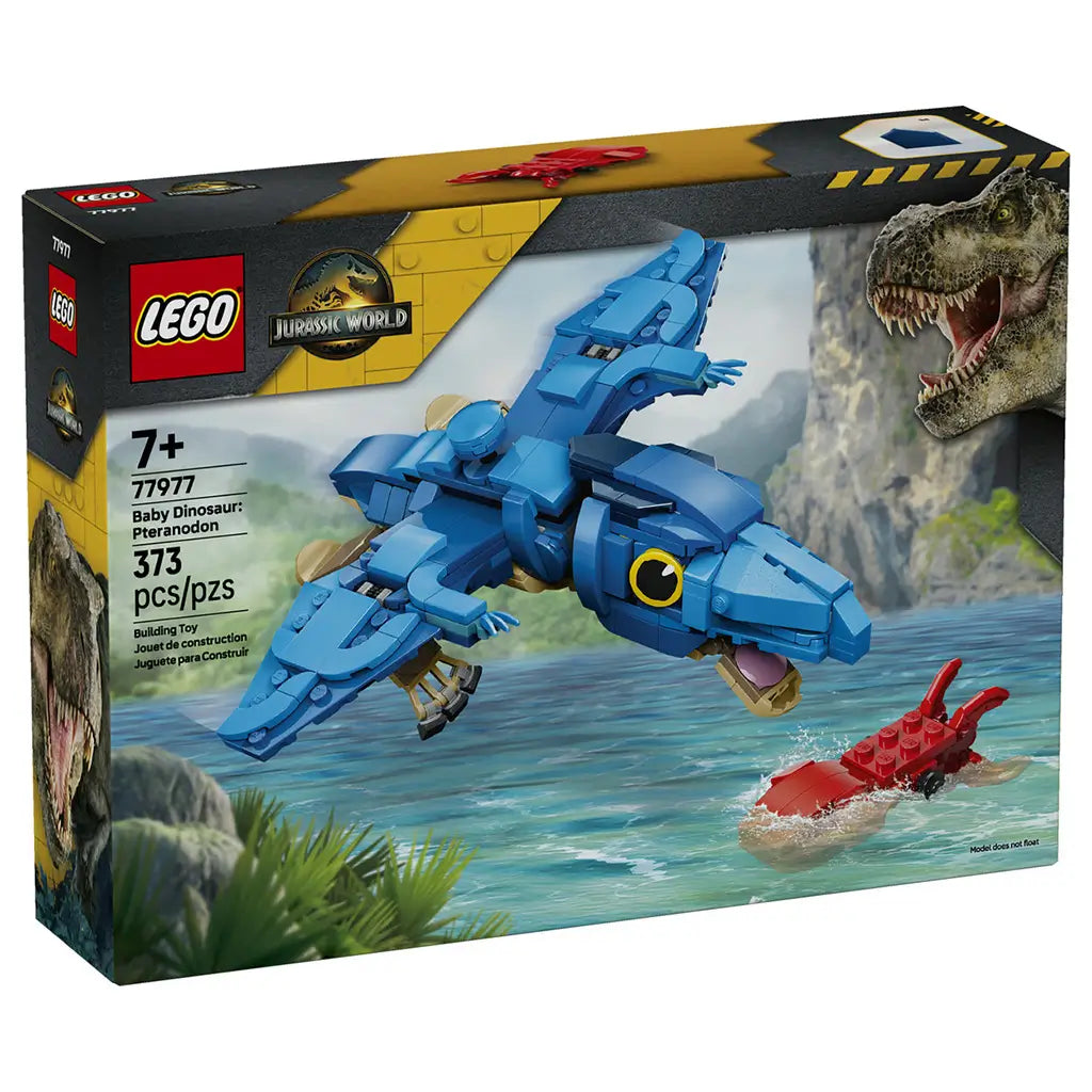 LEGO Jurassic World Baby Dinosaur Pteranodon 77977 box uses black and yellow packaging to show the blue brick-built flying dinosaur pursuing red seafood above ocean water.