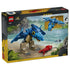 LEGO Jurassic World Baby Dinosaur Pteranodon 77977 box back uses black and yellow packaging to show the blue articulated dinosaur and red seafood piece by a tropical shore.