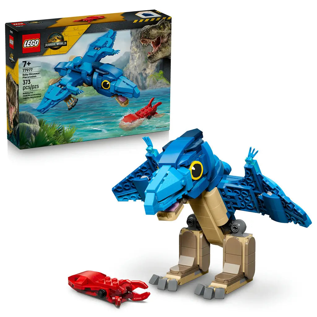 LEGO Jurassic World Baby Dinosaur Pteranodon 77977 set features a blue and tan brick-built flying dinosaur with articulated wings and a red seafood piece beside its box.