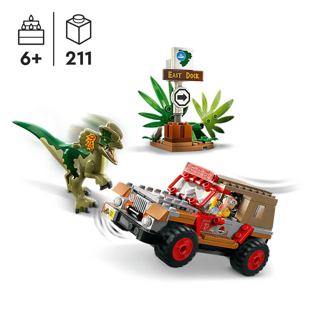 LEGO® Jurassic World Dilophosaurus Ambush 211 Piece Building Set - Jeep Dilophosaurus and East Dock sign.