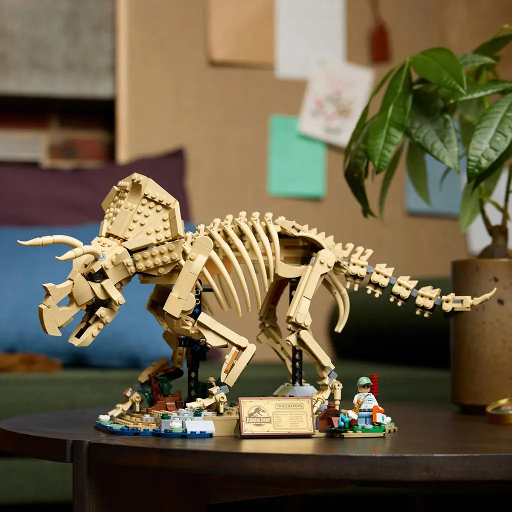 LEGO Jurassic World Triceratops fossil model uses tan plastic bricks to form a horned dinosaur skeleton on a display base with plaque and minifigure in a home setting.