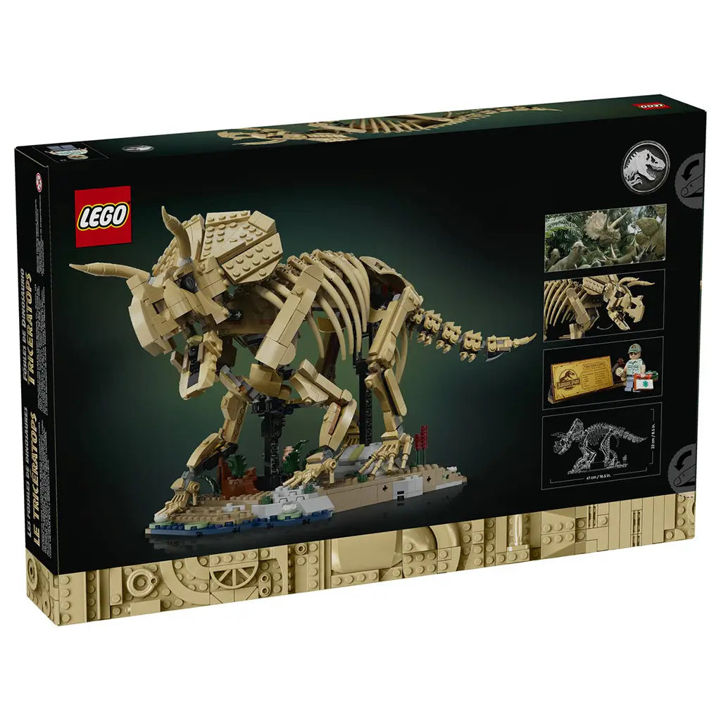 LEGO Jurassic World Triceratops 77985 box back uses black and tan graphics to show the brick-built fossil skeleton, display base, minifigure and detailed model features.