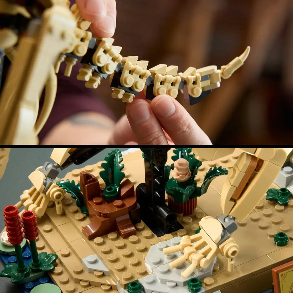 LEGO Jurassic World Triceratops fossil details use tan plastic bricks, showing the articulated tail and a prehistoric display base with plants, rocks and skeletal feet.