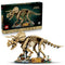 LEGO Jurassic World Triceratops 77985 set pairs a tan brick-built fossil skeleton and display base with its black retail box, plaque and minifigure against white.