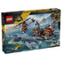 LEGO Jurassic World Mosasaurus Dinosaur Boat Attack 77983 box uses black and yellow packaging to show the blue-gray Mosasaurus, rescue boat, helicopter and submersible.