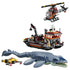 LEGO Jurassic World Mosasaurus set features a blue-gray molded marine reptile, orange rescue boat, red helicopter, yellow submersible and minifigures on white.