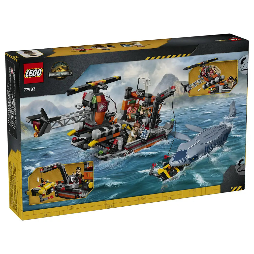 LEGO Jurassic World Mosasaurus 77983 box back uses black and yellow graphics to show an ocean attack scene with the blue-gray dinosaur, rescue boat and helicopter features.