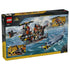 LEGO Jurassic World Mosasaurus 77983 box back uses black and yellow graphics to show an ocean attack scene with the blue-gray dinosaur, rescue boat and helicopter features.