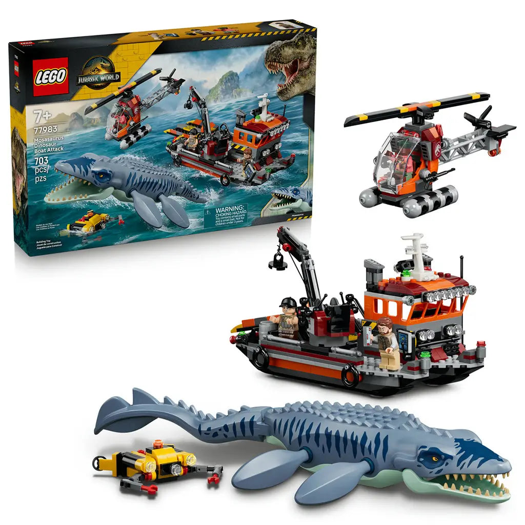 LEGO Jurassic World Mosasaurus 77983 set pairs a blue-gray marine reptile with an orange rescue boat, red helicopter and yellow submersible beside its retail box.