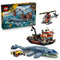LEGO Jurassic World Mosasaurus 77983 set pairs a blue-gray marine reptile with an orange rescue boat, red helicopter and yellow submersible beside its retail box.