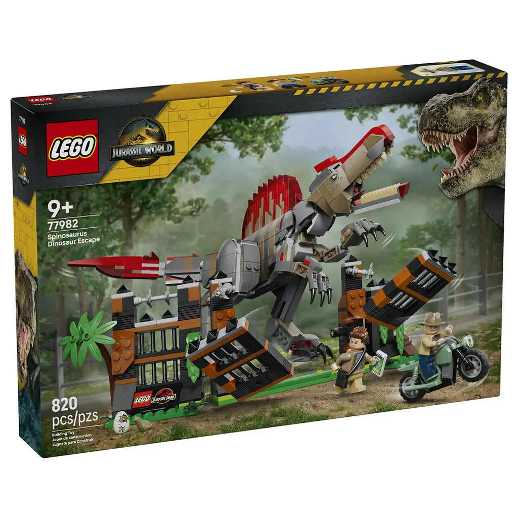 LEGO Jurassic World Spinosaurus Dinosaur Escape 77982 box features a gray, tan and red brick dinosaur bursting through an orange and black enclosure with two minifigures.