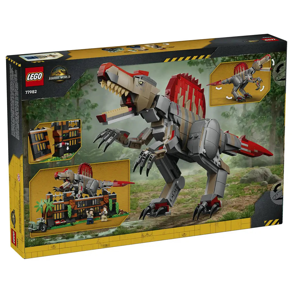 LEGO Jurassic World Spinosaurus 77982 box back uses black and yellow packaging to show the gray, tan and red brick dinosaur with enclosure, motorcycle and play features.
