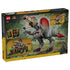 LEGO Jurassic World Spinosaurus 77982 box back uses black and yellow packaging to show the gray, tan and red brick dinosaur with enclosure, motorcycle and play features.