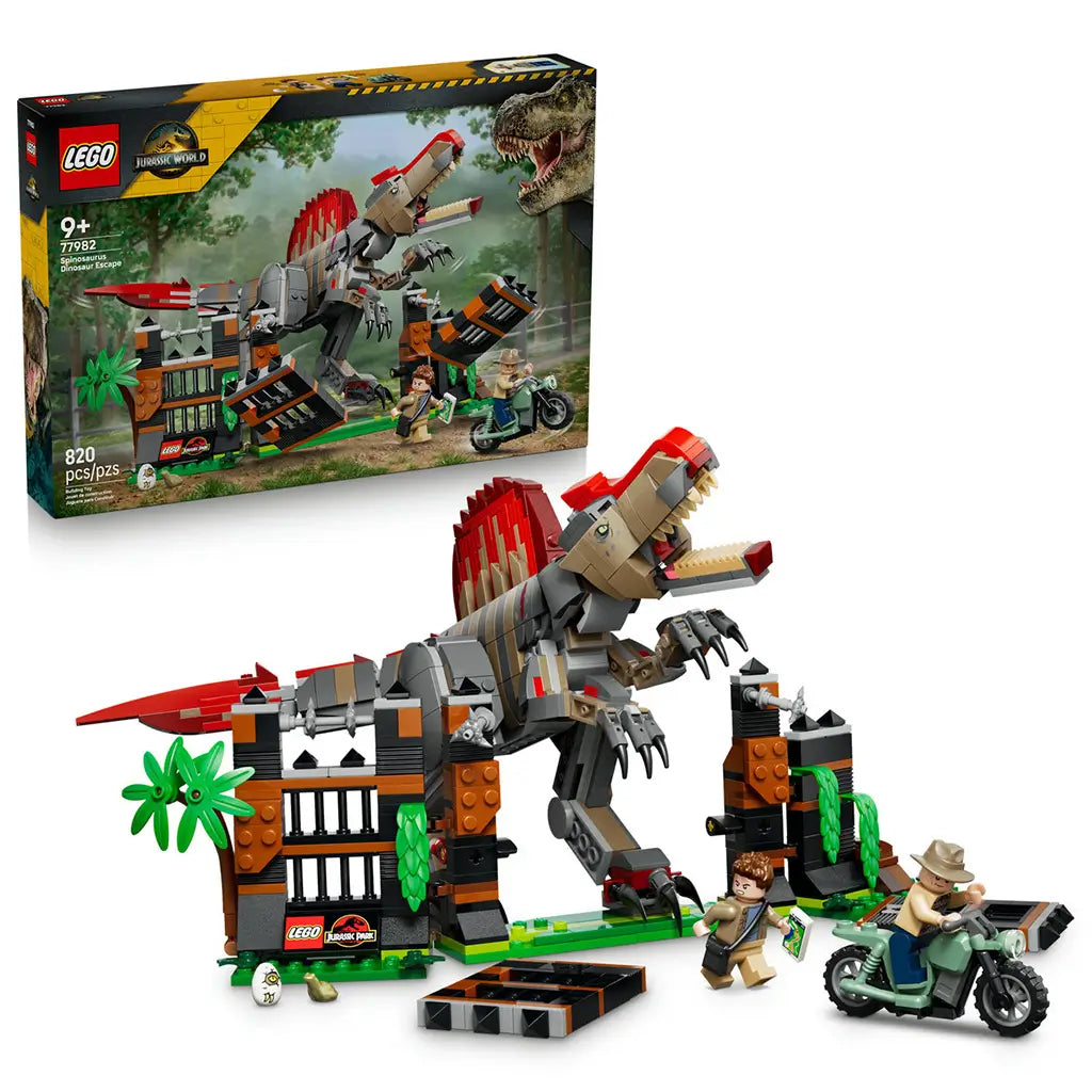 LEGO Jurassic World Spinosaurus 77982 set pairs a gray, tan and red brick dinosaur with an orange and black enclosure, green motorcycle, two minifigures and retail box.
