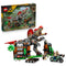 LEGO Jurassic World Spinosaurus 77982 set pairs a gray, tan and red brick dinosaur with an orange and black enclosure, green motorcycle, two minifigures and retail box.
