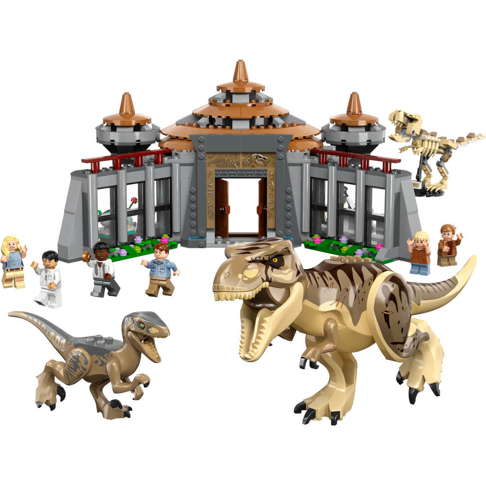 LEGO® Jurassic World Visitor Center: T-Rex & Raptor Attack 693 Piece Building Set featuring T-Rex, minifigures, and building