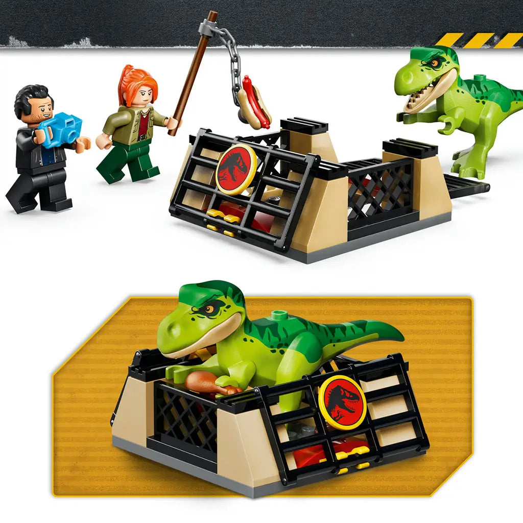 LEGO Jurassic World Young T. rex playset shows a green dinosaur near a tan and black transport cage as two minifigures carry blue gear and dangling food bait on white.