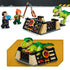 LEGO Jurassic World Young T. rex playset shows a green dinosaur near a tan and black transport cage as two minifigures carry blue gear and dangling food bait on white.