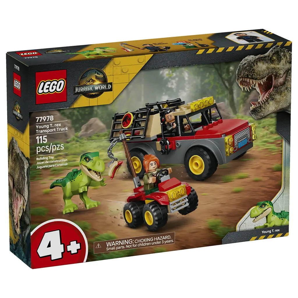 LEGO Jurassic World Young T. rex Transport Truck 77978 box uses black and yellow packaging to show a green dinosaur, red and gray truck, red ATV and two minifigures.