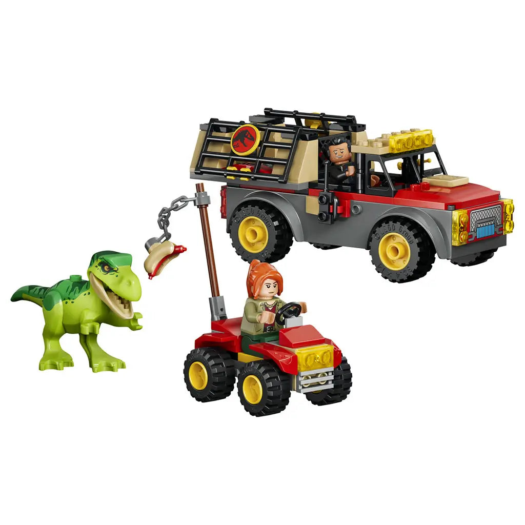 LEGO Jurassic World Young T. rex set features a green plastic dinosaur, red and gray transport truck, red ATV, two minifigures and food bait on a white background.