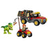 LEGO Jurassic World Young T. rex set features a green plastic dinosaur, red and gray transport truck, red ATV, two minifigures and food bait on a white background.