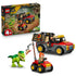 LEGO Jurassic World Young T. rex 77978 set pairs a green dinosaur with a red and gray transport truck, red ATV, two minifigures and retail box on a white background.