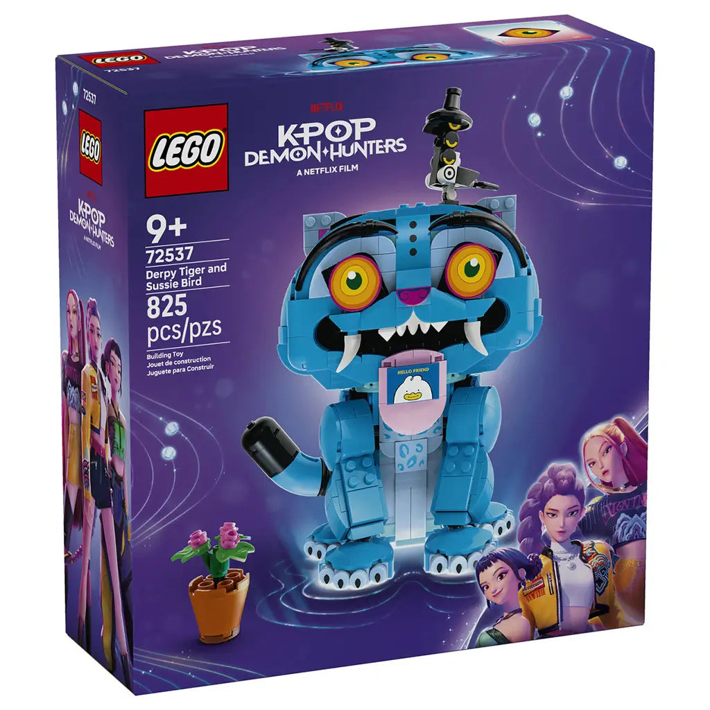LEGO KPop Demon Hunters 72537 box has purple cardboard packaging showing blue Derpy Tiger, black Sussie Bird, flower pot, 825-piece count and recommended age of 9+.