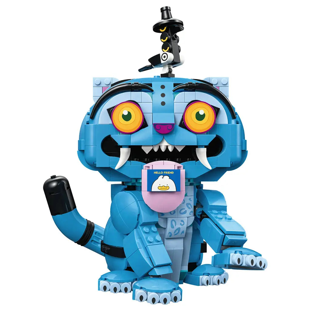 LEGO KPop Demon Hunters Derpy Tiger model uses bright blue plastic bricks with orange eyes, white fangs, black-striped tail and Sussie Bird perched on top against white.