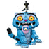 LEGO KPop Demon Hunters Derpy Tiger model uses bright blue plastic bricks with orange eyes, white fangs, black-striped tail and Sussie Bird perched on top against white.