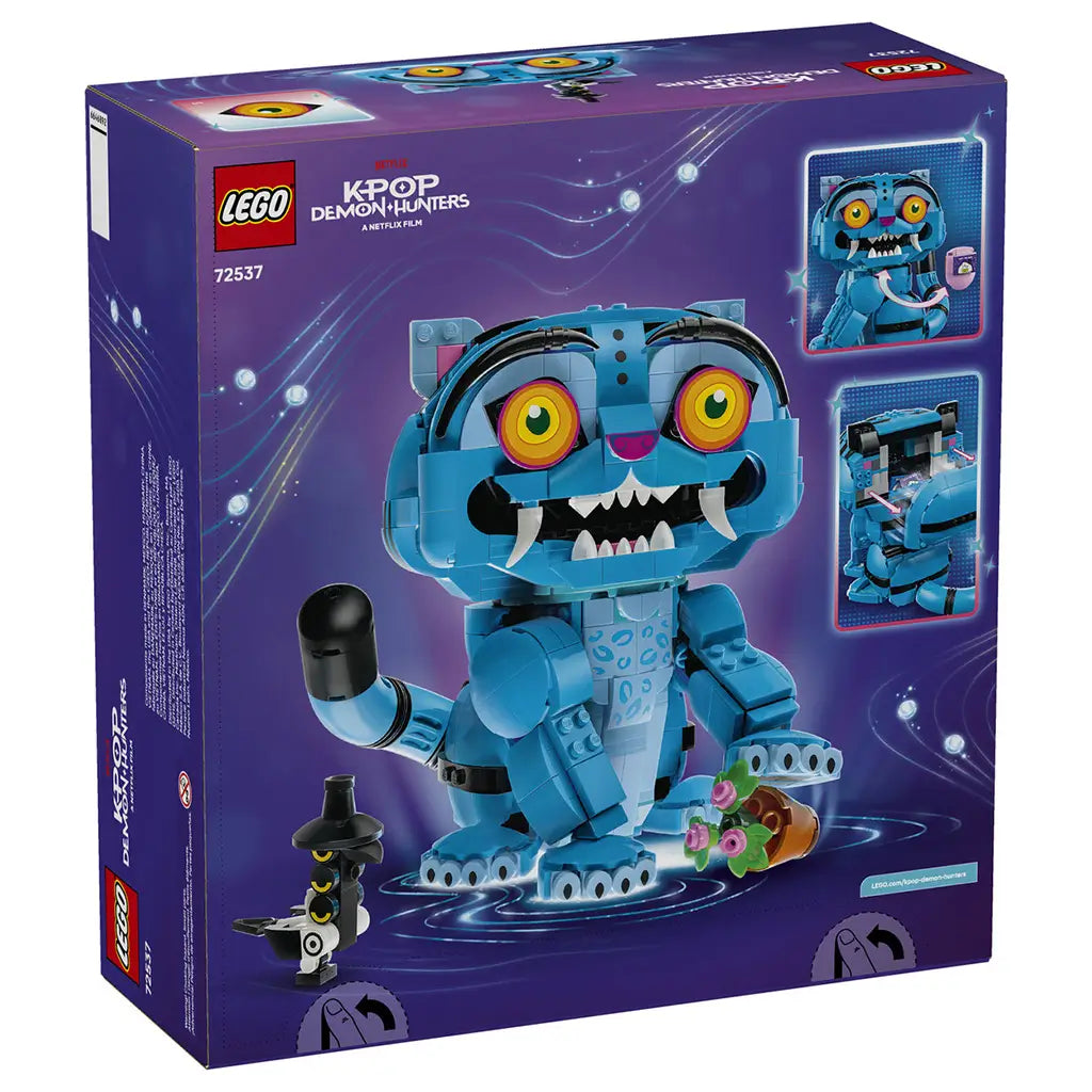 LEGO KPop Demon Hunters 72537 box back uses purple cardboard graphics to show the blue Derpy Tiger model, black Sussie Bird, flower pot and interactive play features.