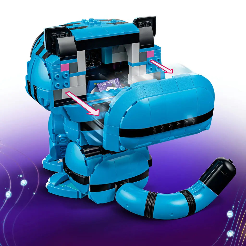 LEGO KPop Demon Hunters Derpy Tiger model uses bright blue plastic bricks with black stripes and tail, shown from behind with an open storage compartment for accessories.