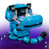 LEGO KPop Demon Hunters Derpy Tiger model uses bright blue plastic bricks with black stripes and tail, shown from behind with an open storage compartment for accessories.