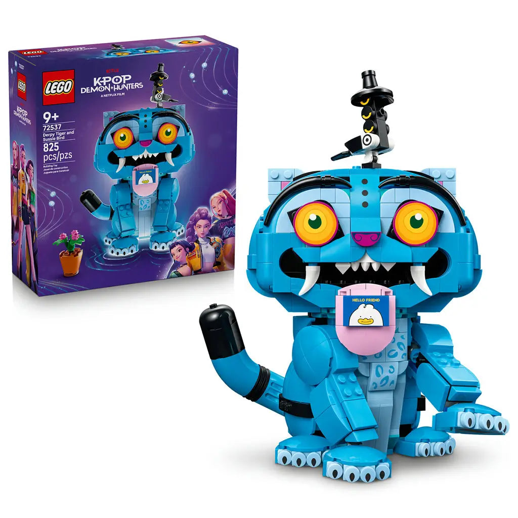 LEGO KPop Demon Hunters 72537 set pairs its purple retail box with a bright blue Derpy Tiger model, black Sussie Bird and tongue accessory on a white background.