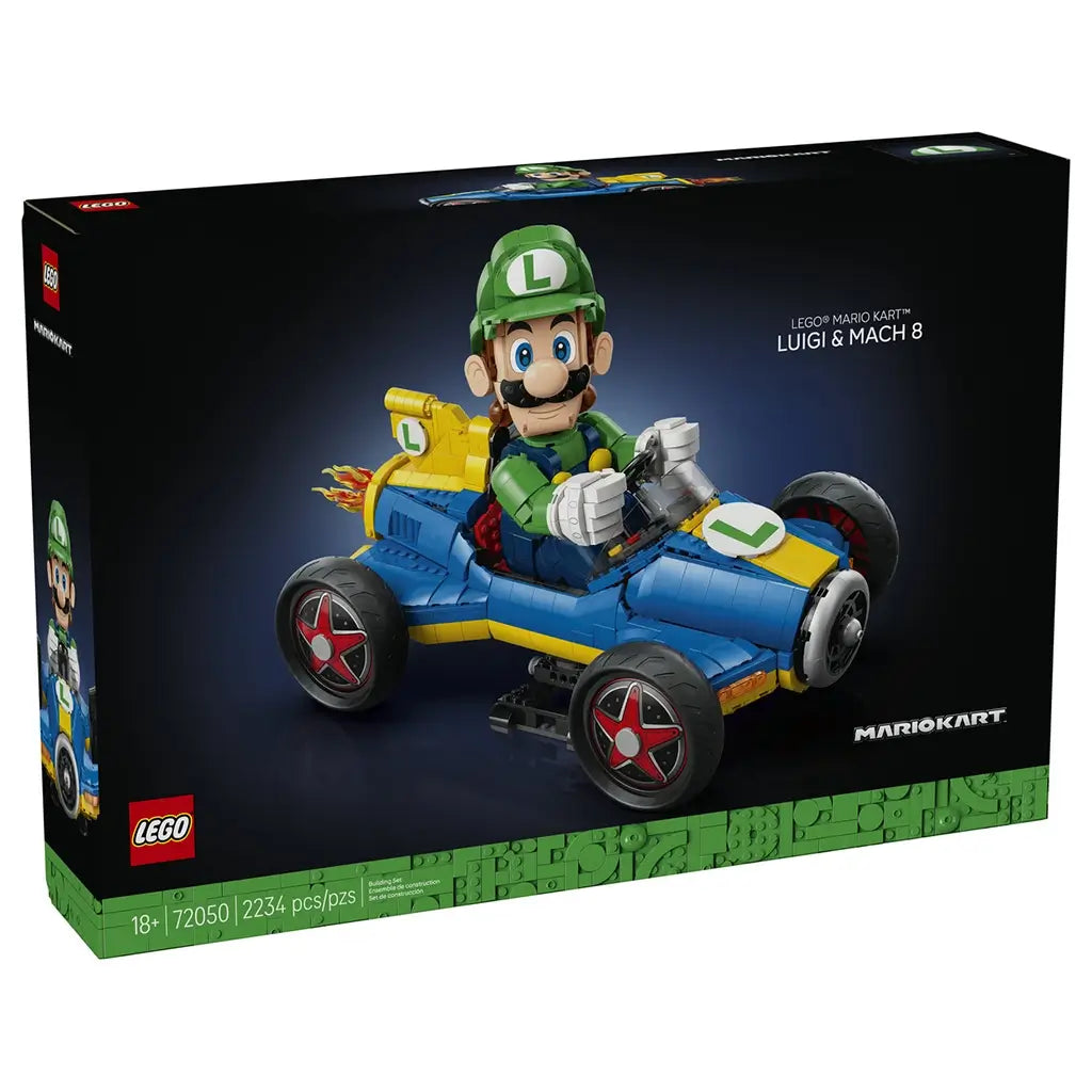 LEGO Mario Kart Luigi & Mach 8 building kit features black branded packaging with character artwork, showcasing the detailed kart model, collector display design and Nintendo racing theme.
