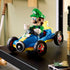 LEGO Mario Kart Luigi & Mach 8 collectible display features green, blue and yellow plastic construction, a kart racing form with large wheels and character driver, showcased on a desk in a home setting.