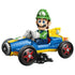 LEGO Mario Kart Luigi & Mach 8 model features green, blue and yellow plastic construction, a detailed driver figure in a racing kart with large wheels, displayed on a stand against a studio backdrop.
