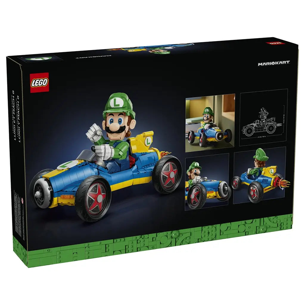 LEGO Mario Kart Luigi & Mach 8 package back features black retail packaging with build photography, feature highlights, dimensions and collector presentation details for the display model set.
