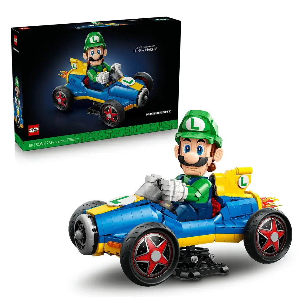LEGO Mario Kart Luigi & Mach 8 building set features green, blue, yellow and black plastic bricks, a detailed racer figure driving a kart, displayed beside branded retail packaging on a light studio background.