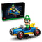 LEGO Mario Kart Luigi & Mach 8 building set features green, blue, yellow and black plastic bricks, a detailed racer figure driving a kart, displayed beside branded retail packaging on a light studio background.