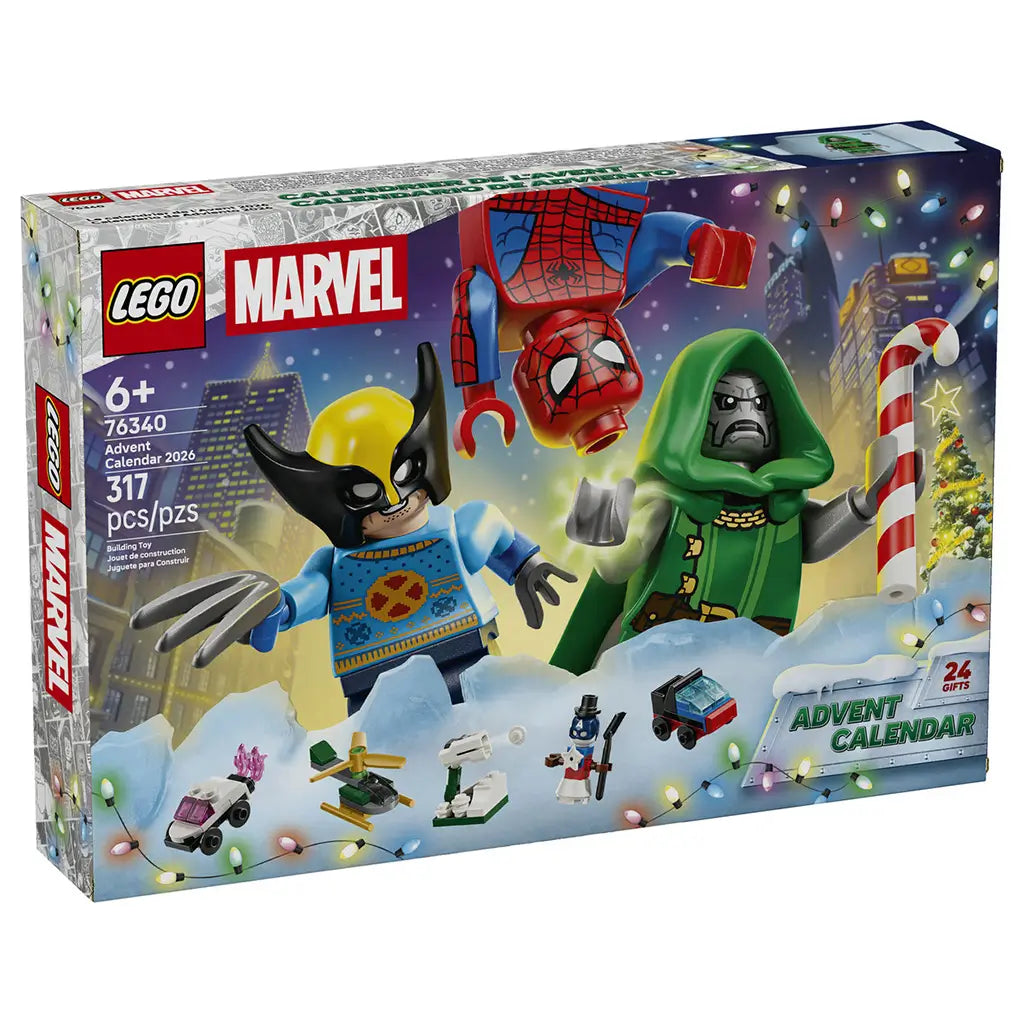 LEGO Marvel Advent Calendar 2026 box features blue holiday packaging with Wolverine, Spider-Man and Doctor Doom, festive mini builds, 24 gifts, and a snowy city background