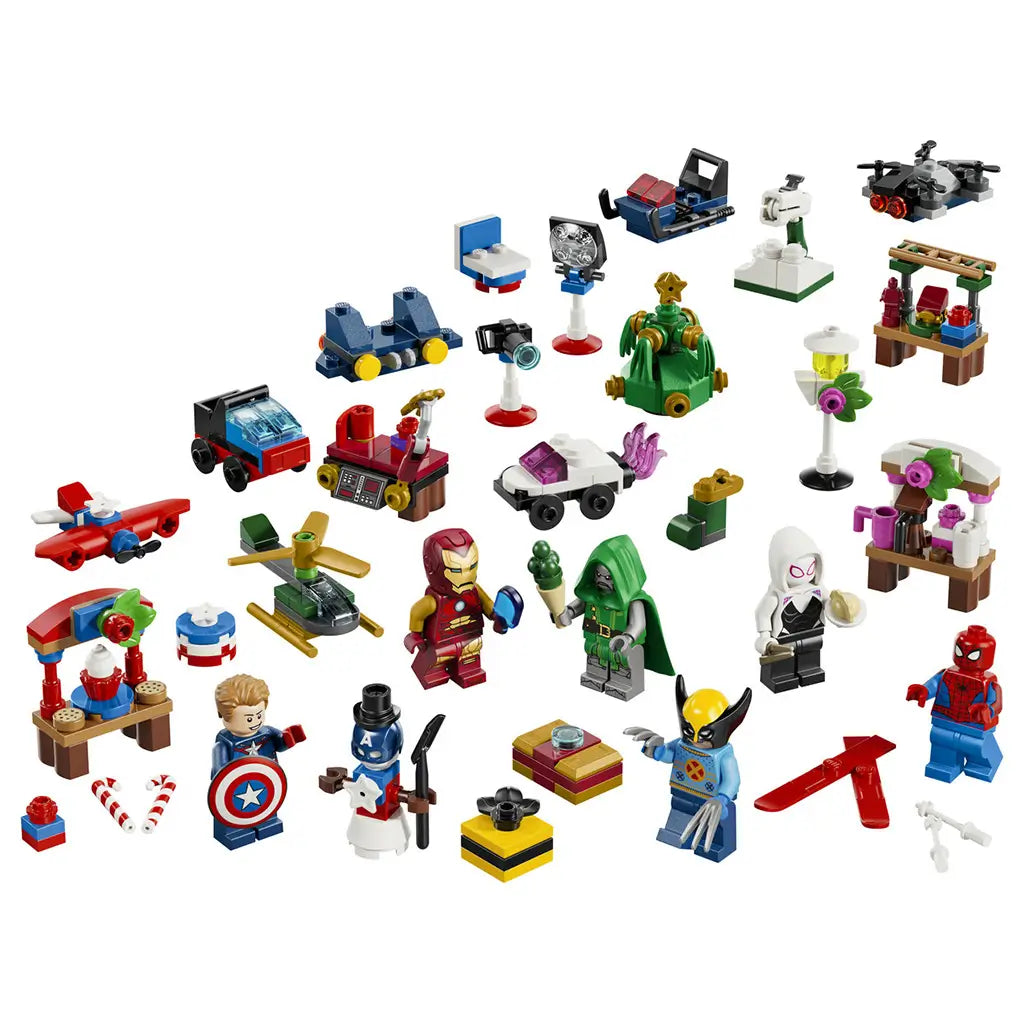 LEGO Marvel Advent Calendar 2026 set features colorful brick-built mini toys and superhero minifigures, including Spider-Man, Wolverine, Iron Man and Doctor Doom, on white.