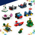 LEGO Marvel Advent Calendar 2026 mini builds feature red, blue, green, gold and white brick vehicles, holiday decorations, a camera, sleigh and tree on a white background.