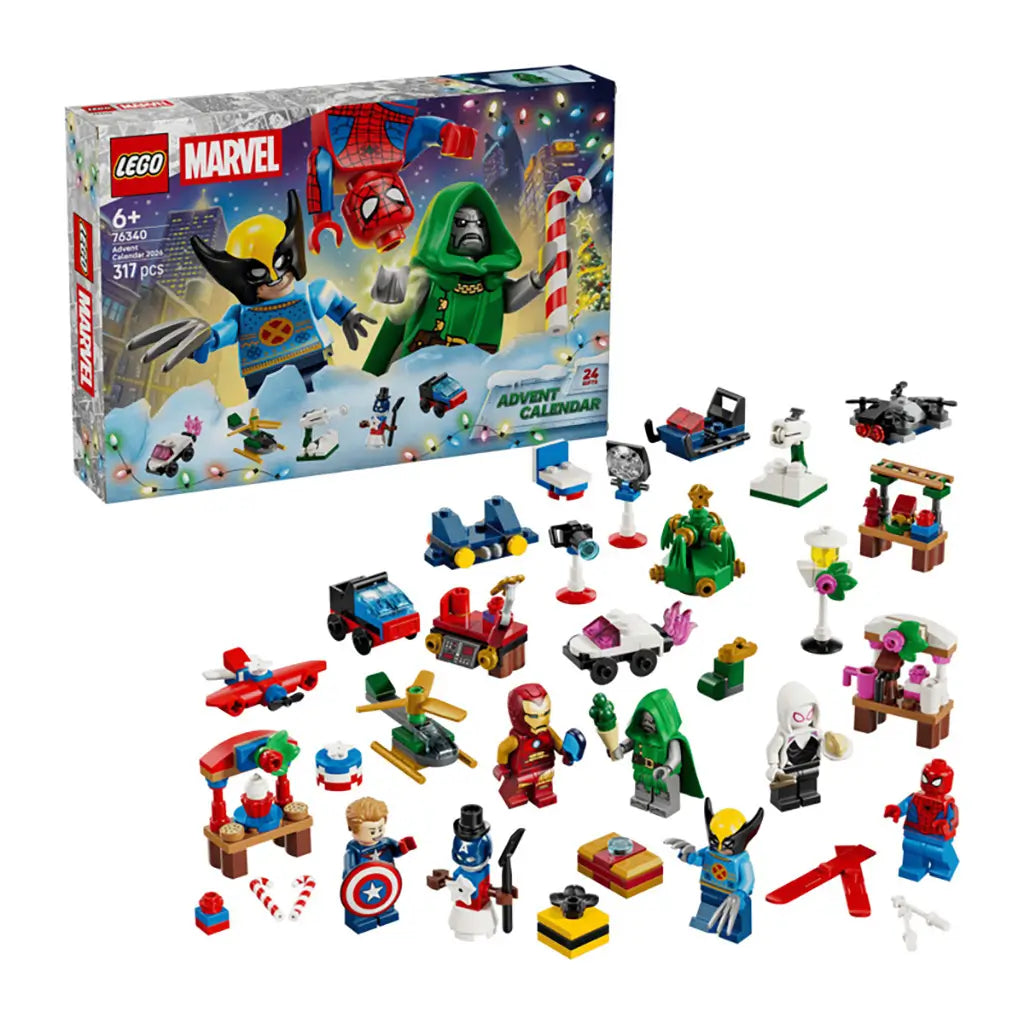 LEGO Marvel Advent Calendar 2026 set shows its blue holiday box beside colorful superhero minifigures and mini builds, including vehicles, decorations and festive accessories.