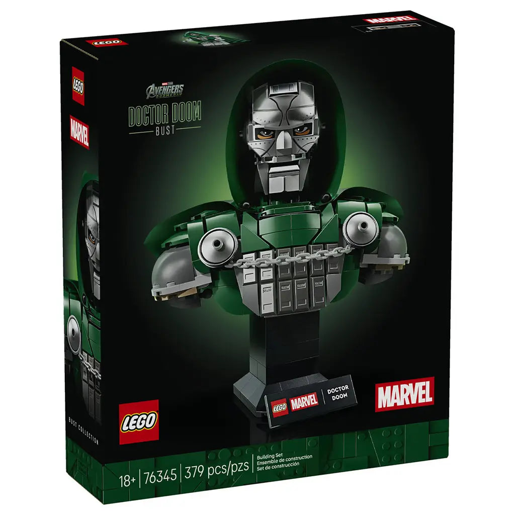 LEGO Marvel Doctor Doom Bust 76345 box features black and dark green packaging with the silver-masked brick-built bust, Marvel logos, 18+ rating and 379-piece count.