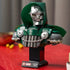 LEGO Marvel Doctor Doom Bust features dark green bricks, a silver armored mask, gray shoulder plates and chest chain, displayed on a black stand atop a red tabletop.
