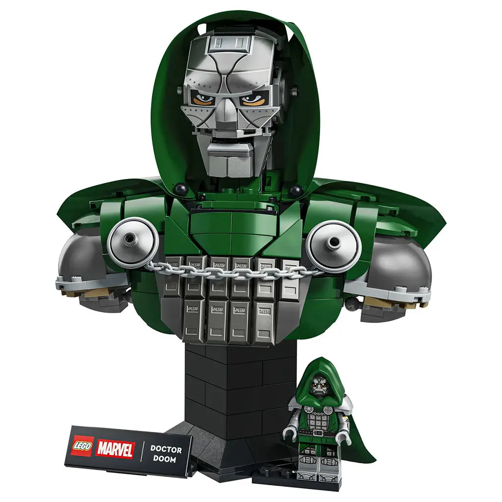LEGO Marvel Doctor Doom Bust building set features a dark green brick-built hood, silver armored mask, gray shoulders and chain, plus a Doctor Doom minifigure on a black display base.