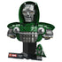 LEGO Marvel Doctor Doom Bust building set features a dark green brick-built hood, silver armored mask, gray shoulders and chain, plus a Doctor Doom minifigure on a black display base.