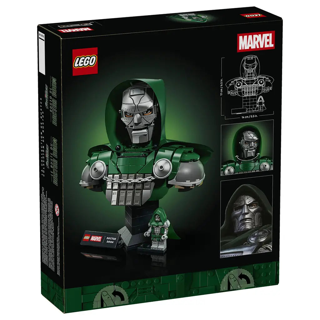 LEGO Marvel Doctor Doom Bust 76345 package back shows the dark green and silver model, matching minifigure, dimensions, rotating-head feature and character artwork.